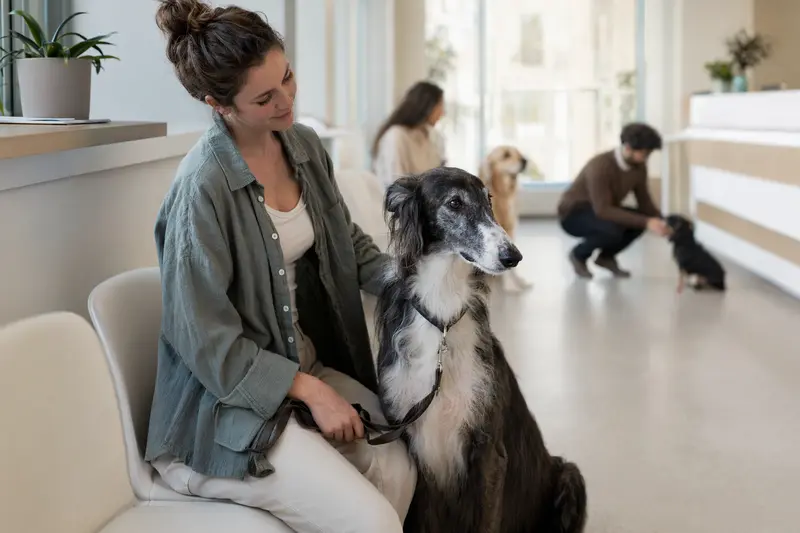 Ein Großer Englischer Windhund sitzt ruhig neben seinem Besitzer im hellen Wartezimmer einer modernen Tierarztpraxis.